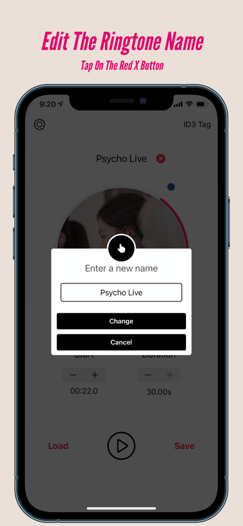 MusicToRingtoneアプリでカスタム着信音の名前を編集するためのインターフェース