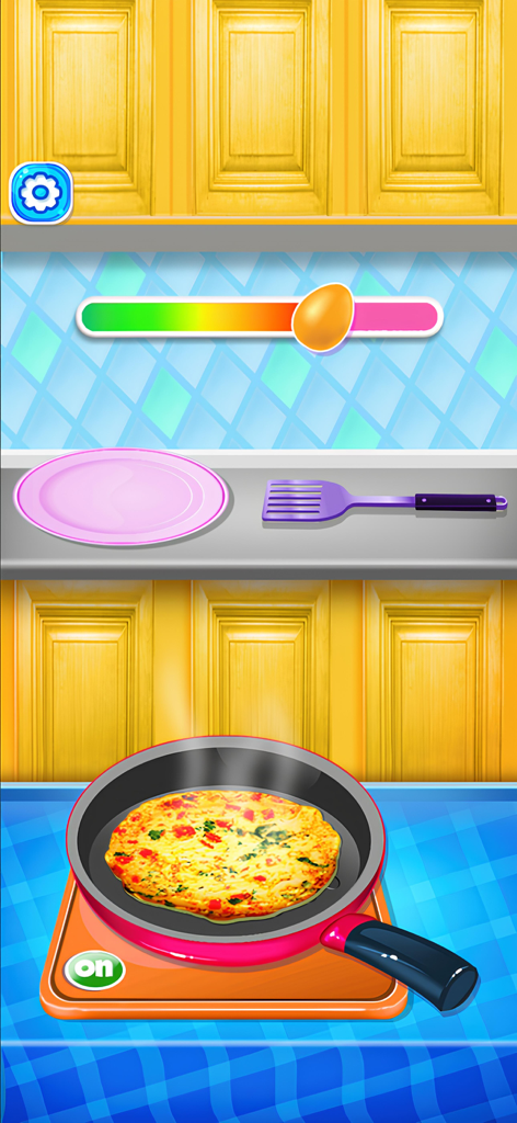 Una colorida tortilla cocinándose en una sartén en una estufa virtual en una cocina.