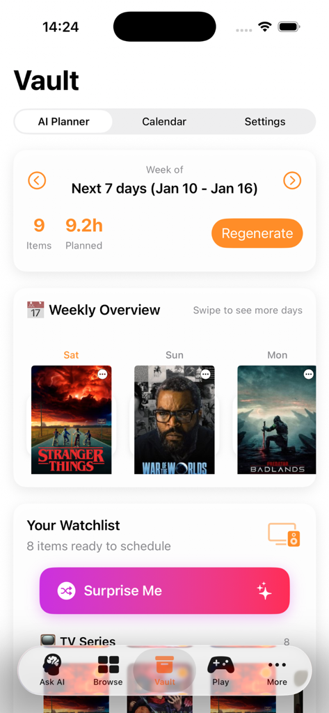 Kiss AI Vault screen showing the AI movie planner and weekly watch schedule.