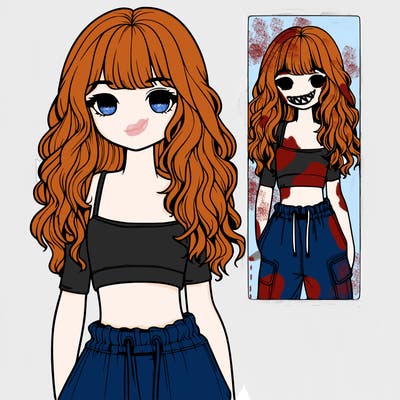 realistic girl with wavy hair and curtain bangs wearing a crop top and baggy cargo pants
