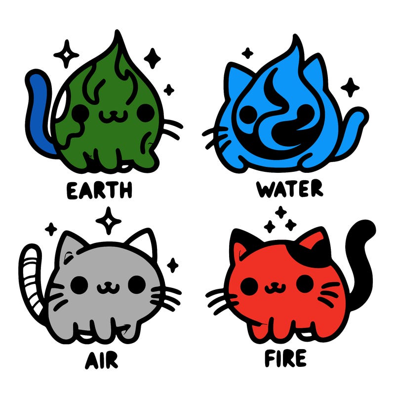 4 cats that represent the different elements, earth, water, air, and fire