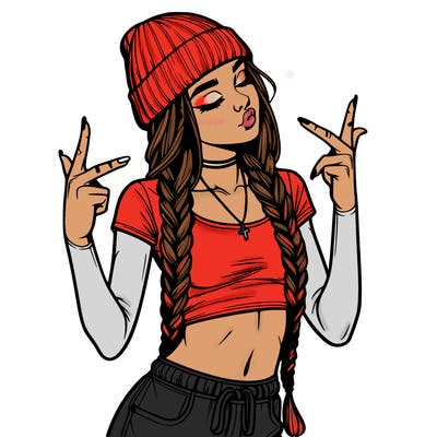 realistic teenage girl with braids and a beanie and crop top doing 🫶🏼