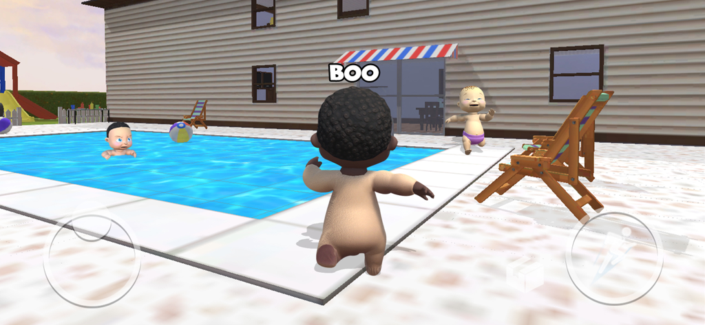Baby characters playing hide and seek by a backyard swimming pool in the game Where is He Find Daddy