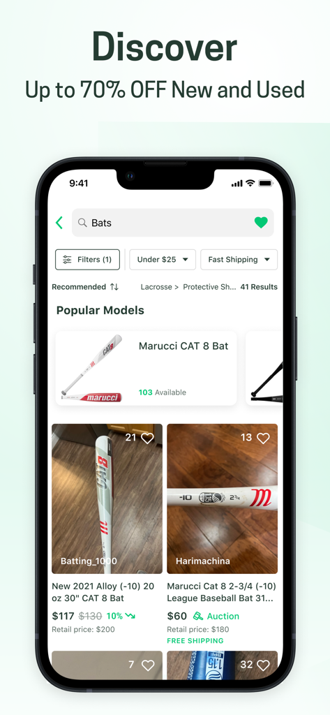 SidelineSwap - Interfaz de la aplicación SidelineSwap que muestra una lista de bates de béisbol a la venta con información de descuento.