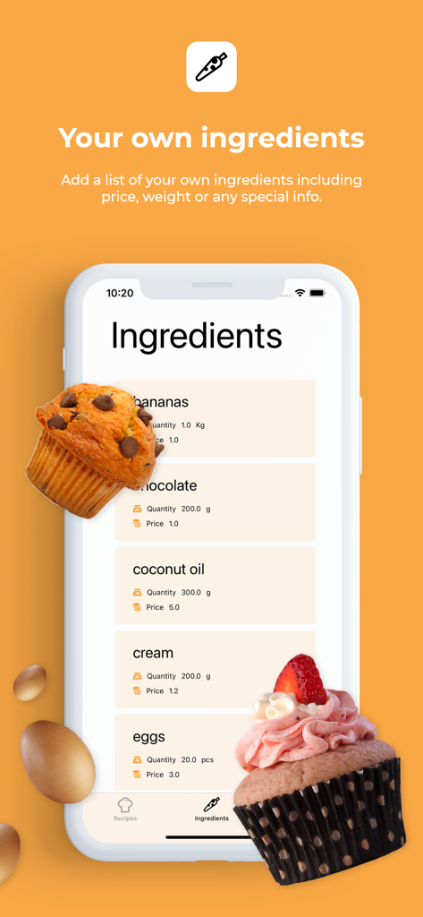 食品起業家向けの数量と価格追跡を備えたキッチン食材リストを表示するモバイルアプリ画面