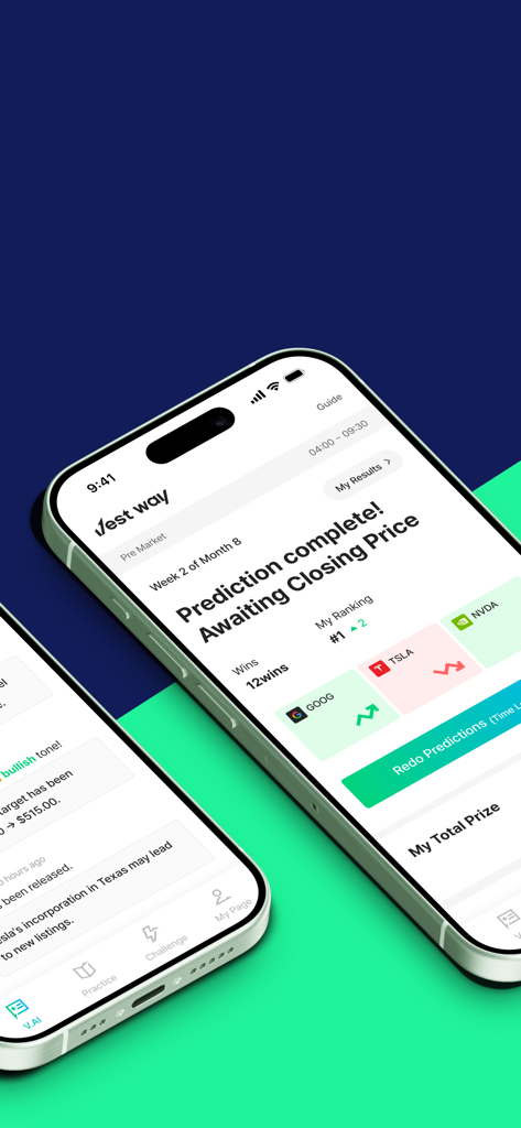 Vest Way - Investment Guide - Two smartphones showing the Vest Way app interface with a stock price prediction challenge and investment news feed.