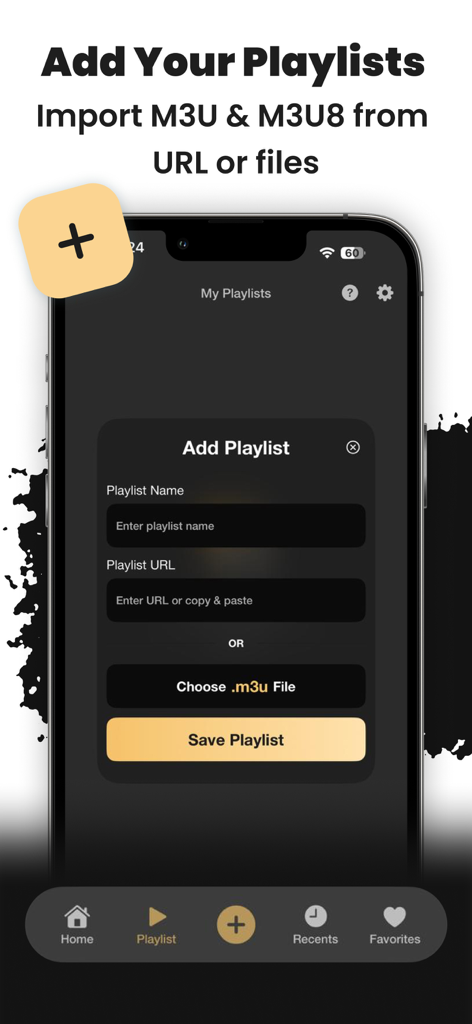 Smart IPTV Player-Oberfläche zum Hinzufügen und Importieren von M3U- und M3U8-Playlists von URL oder Dateien