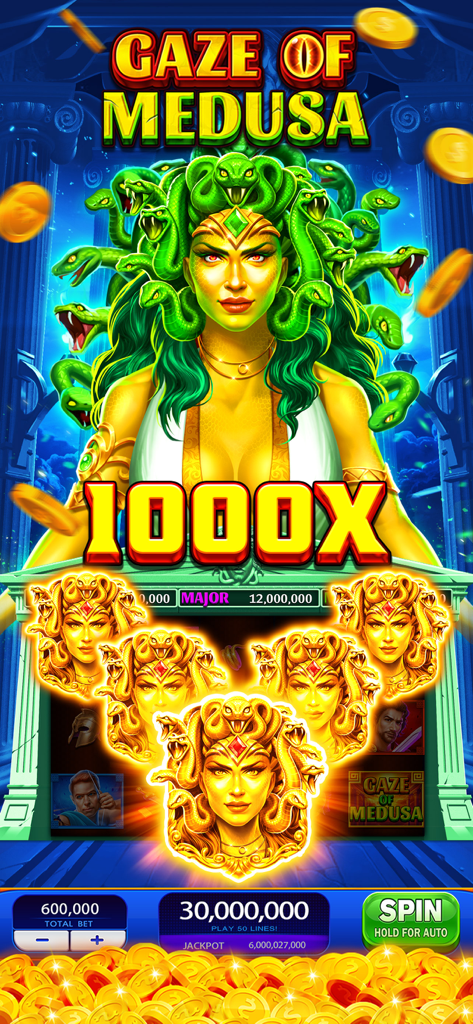 Pantalla del juego de máquina tragaperras Gaze of Medusa con un multiplicador de 1000x y símbolos dorados