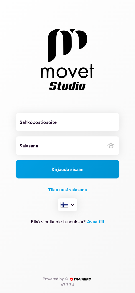 Movet Studio - Tela de login do aplicativo de fitness e bem-estar Movet Studio com campos de e-mail e senha