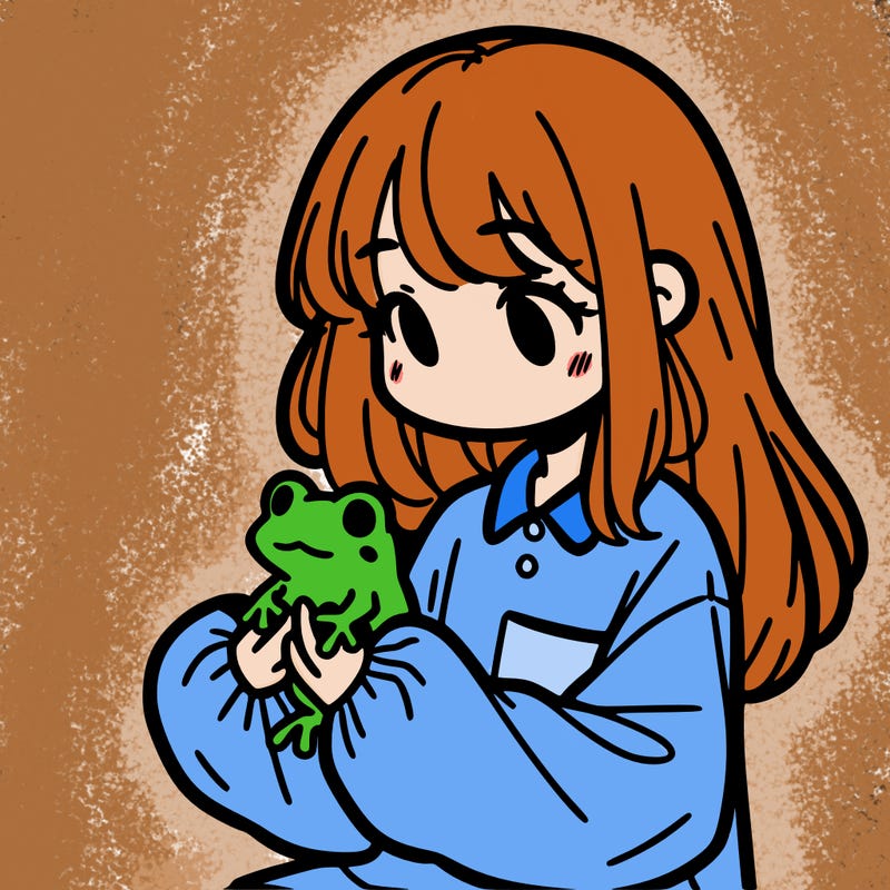 girl with long hair and a oversized shirt. and she is holding a frog