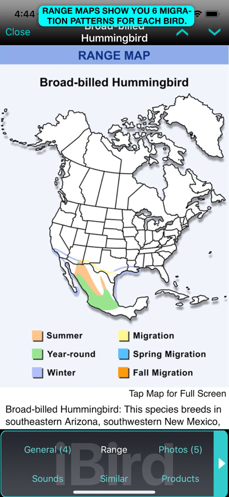 iBird Pro Guide to Birds - iBird Proアプリのオグロサファイアハチドリの季節的な渡りのパターンを示す分布図。