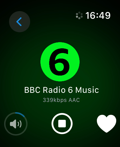 Streamlets - The Streamlets app on Apple Watch playing BBC Radio 6 Music with playback controls