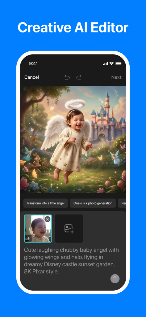 PhotoClip:AI Background Eraser - PhotoClip app screen showing the Creative AI Editor transforming a baby photo into a magical angel with wings and a castle background.