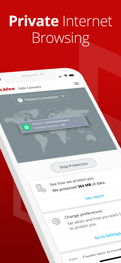 Smartphone zeigt die Benutzeroberfläche der McAfee Safe VPN Connect App mit aktivem privatem Surfen im Internet