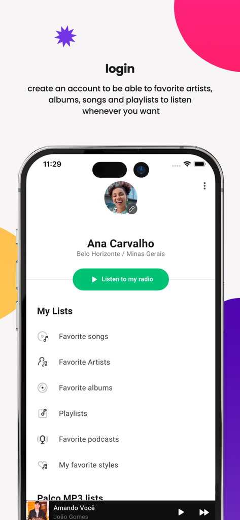 Palco MP3: Music and podcasts - Tela de perfil de usuário no aplicativo Palco MP3 mostrando opções para favoritar música e artistas brasileiros independentes.