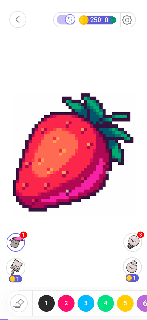 A pixel art strawberry being colored in the Color by Number mobile app interface