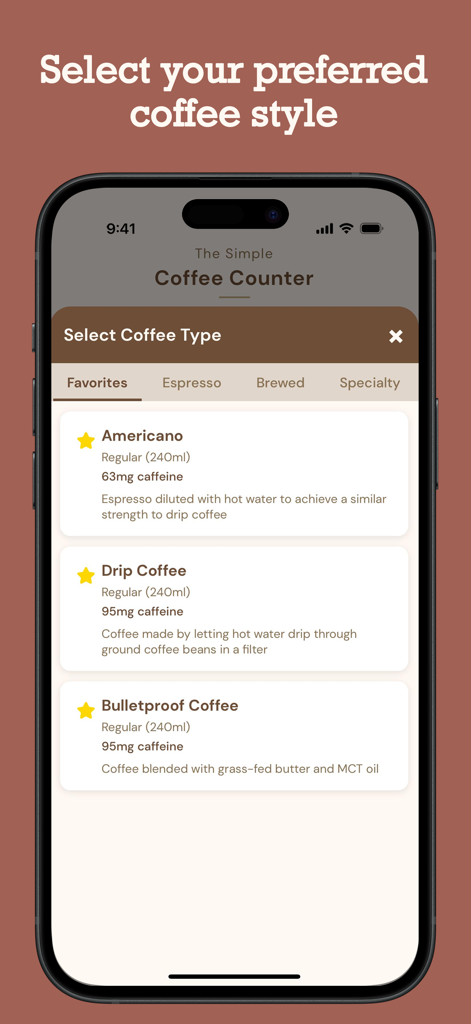 User interface showing a list of coffee styles with caffeine content details.