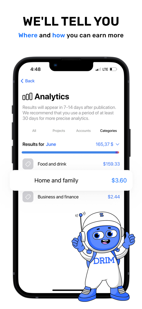 DRIM for Influencers app analytics screen showing monthly earnings by category