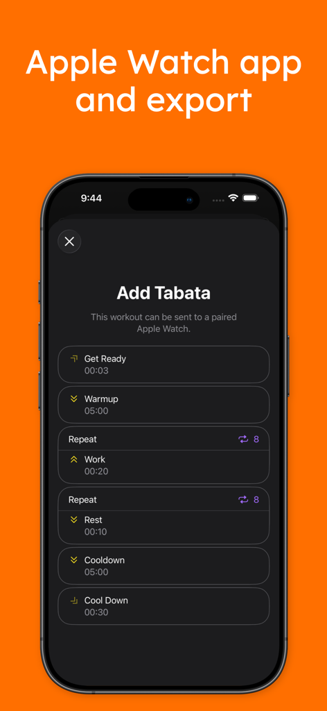 Interval Timer Tabata Workout - Tela do iPhone mostrando uma configuração de treino Tabata com uma opção para exportar para o Apple Watch.