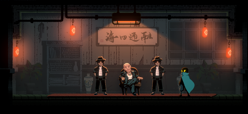 Una escena de pixel art del juego HAAK que muestra al protagonista con capa azul enfrentando a un hombre sentado y sus dos guardias en una habitación con linternas rojas y caligrafía china.