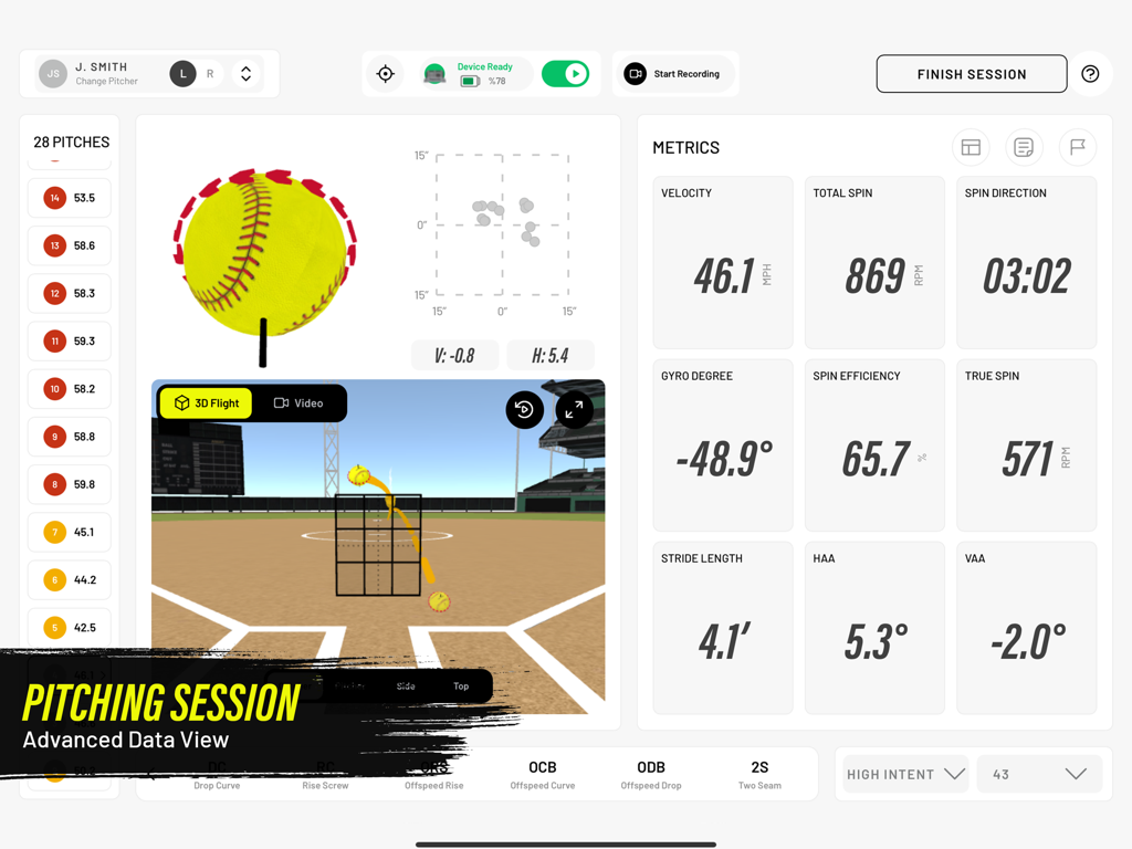 Rapsodo Softball - Rapsodo Softball app pitching session with advanced metrics and 3D flight path.