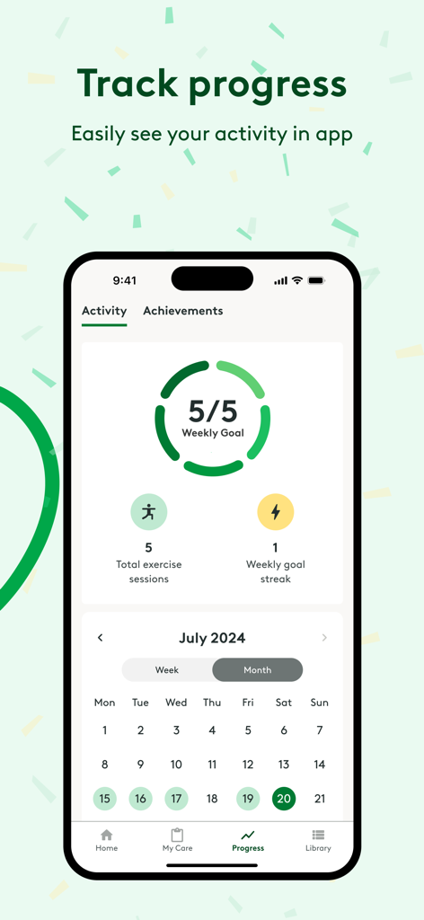 Hinge Health app screen showing weekly goal tracking and a monthly activity calendar for exercise sessions