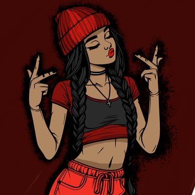 realistic teenage girl with braids and a beanie and crop top doing 🫶🏼