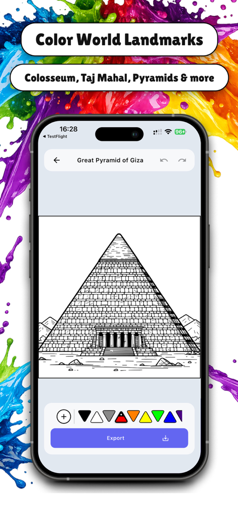 Coloring Book: Paint & Art - Interfaz de aplicación móvil que muestra una página para colorear de la Gran Pirámide de Giza con una paleta de colores debajo