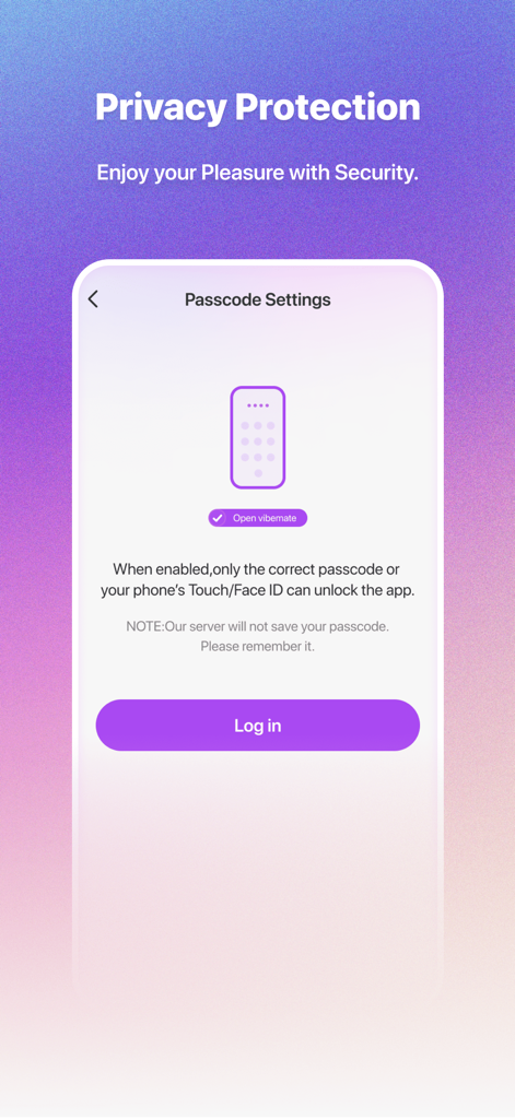 VibeMate - VibeMate app screen showing privacy protection settings with passcode and biometric lock options