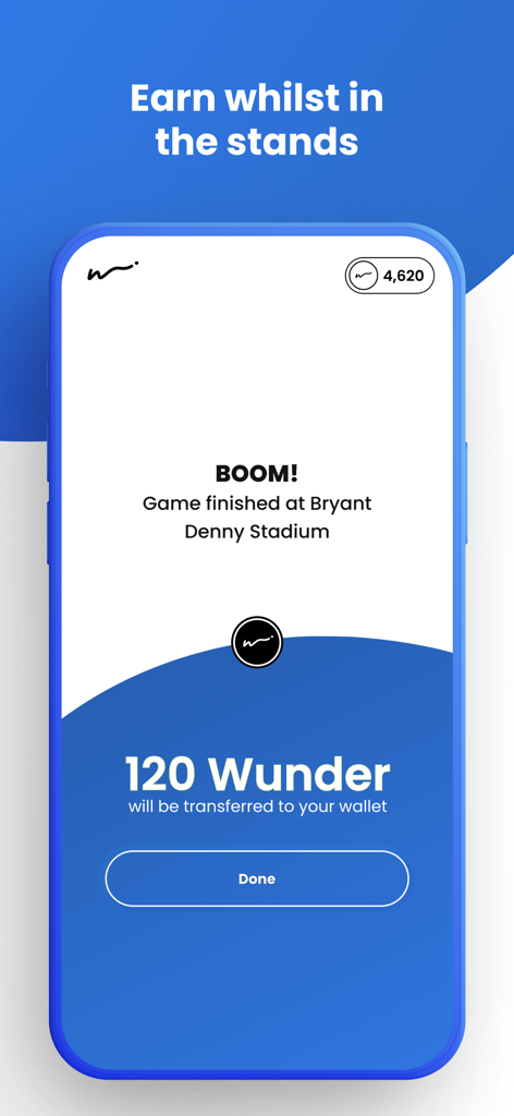 Wunderfan - Wunderfan App-Oberfläche, die 120 Punkte anzeigt, die für den Besuch eines Live-Spiels im Bryant Denny Stadium verdient wurden