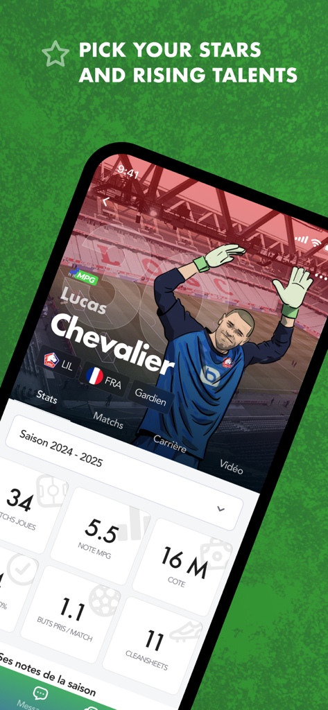 MPG Football mobile app interface showing player stats and scouting information for fantasy soccer