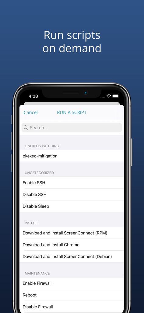 OS 패치 및 시스템 유지 관리와 같이 요청 시 실행할 스크립트 목록을 보여주는 NinjaOne Mobile 앱 인터페이스