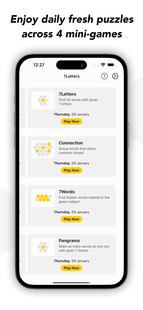 Spelling Word Puzzle - Pangram - Uma tela de celular exibindo uma seleção de quatro quebra-cabeças de palavras diários, incluindo 7Letters, Connection, 7Words e Pangrams.