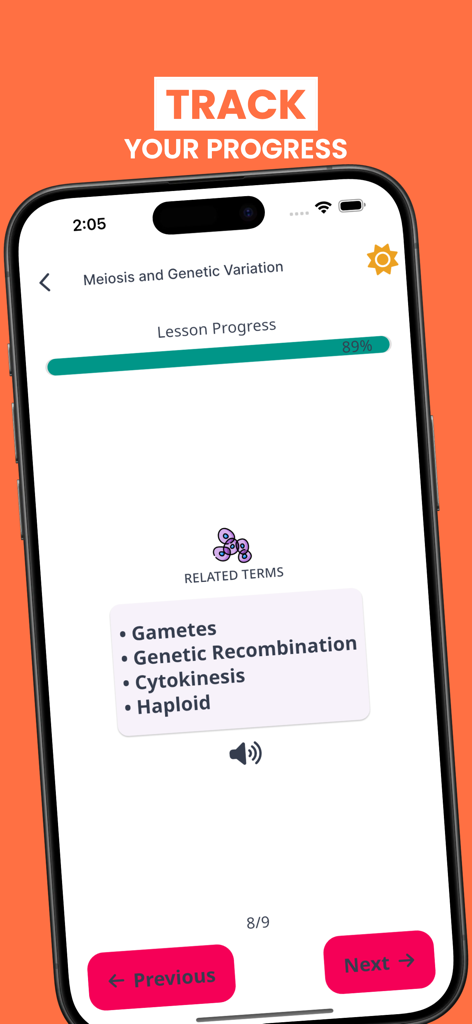Biology Pro - Biology Pro app interface showing lesson progress for Meiosis and Genetic Variation with related scientific terms