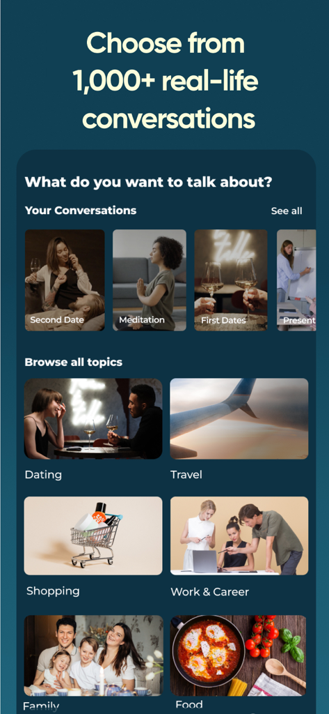 Jumpspeak | Language Learning - Jumpspeak-App-Oberfläche, die reale Gesprächsthemen für das Sprachenlernen wie Dating, Reisen und Karriere anzeigt.