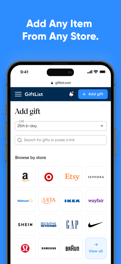 GiftList – Wishlist & Registry - A mobile phone screen showing the GiftList app interface where users can add gifts from various retailers like Amazon, Target, and Etsy.