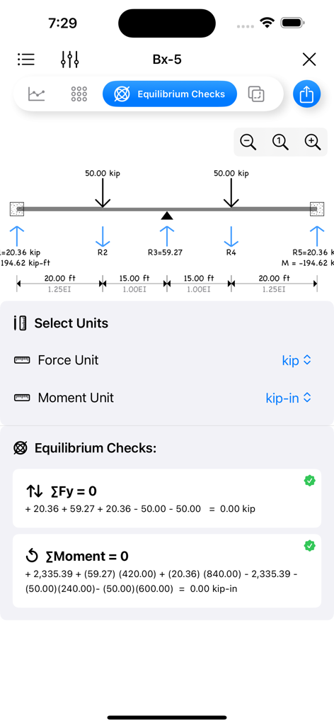 A-Beam* - Screenshot of the A-Beam app displaying structural beam diagrams and sum of force and moment calculations