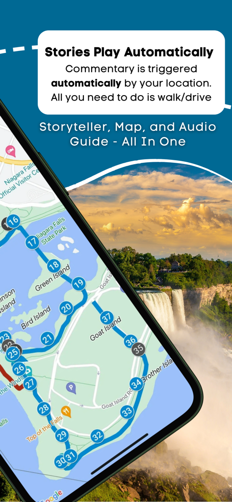 Niagara Falls: USA & Canada - Interface do aplicativo de tour de Niagara Falls mostrando um mapa GPS e recurso de história em áudio automática