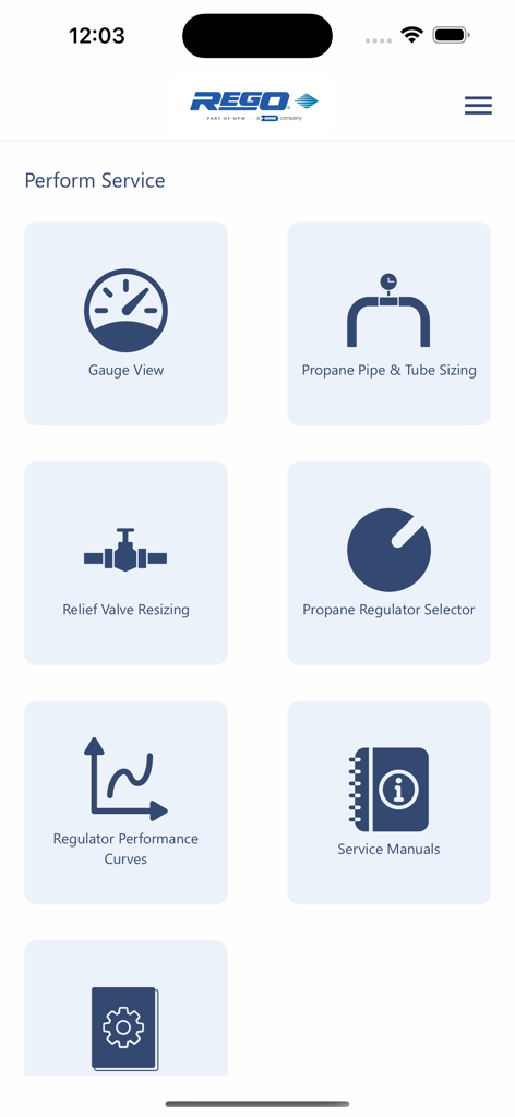 RegO App - Menu di servizio dell'App RegO che mostra strumenti di dimensionamento GPL e manuali digitali