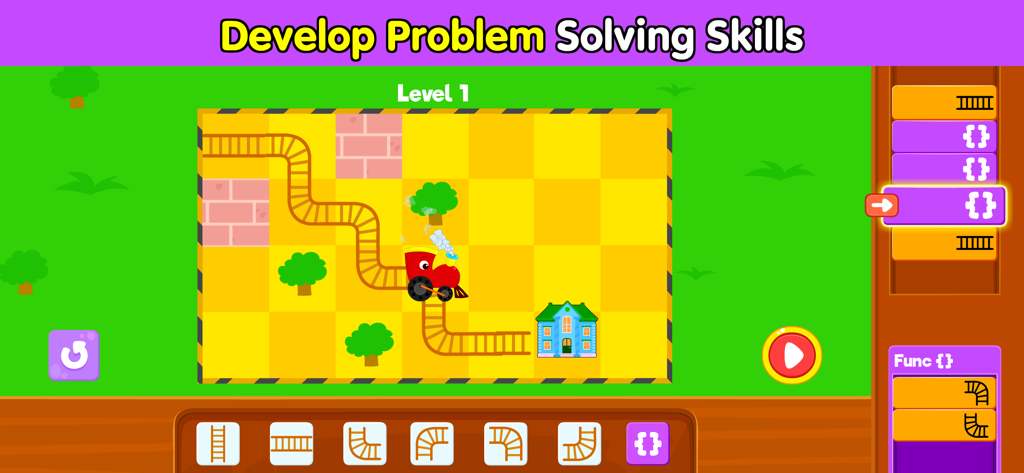 A coding game level for kids featuring a train puzzle to build problem solving skills