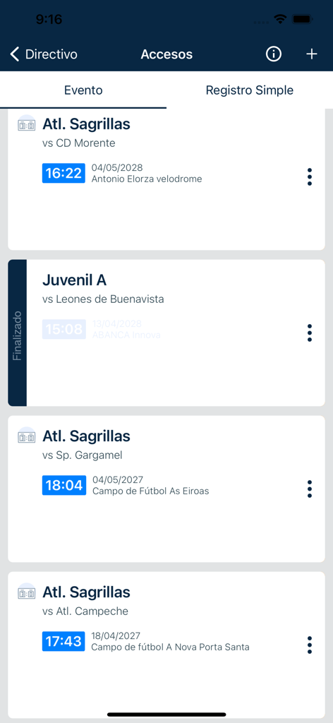 Interfaz de aplicación móvil que muestra una lista de próximos partidos deportivos con horarios y ubicaciones