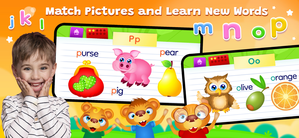 123 Kids Fun ALPHABET - A smiling boy next to interactive screens showing alphabet matching games for preschoolers