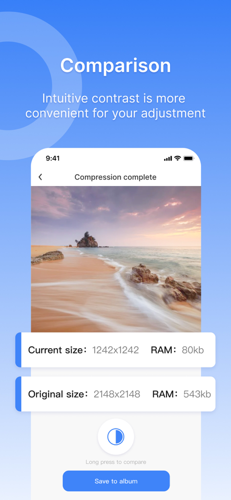 Exif Viewer&Compress Photos - App screen comparing original and compressed photo sizes and dimensions.