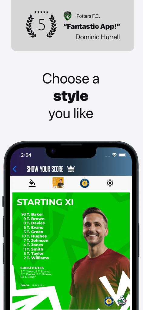 Show Your Score - スマートフォン画面に表示されたサッカー先発イレブンラインナップグラフィックテンプレート