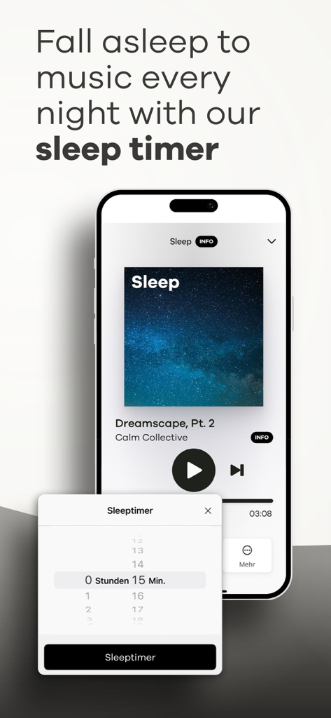 Captura de pantalla de la interfaz de la aplicación Klassik Radio que resalta la función de temporizador de sueño para conciliar el sueño con música