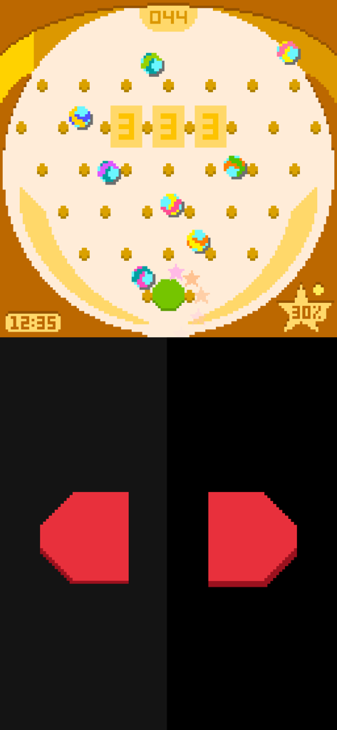 pureya - Pixel art pachinko machine with colorful marbles and two red directional buttons at the bottom.