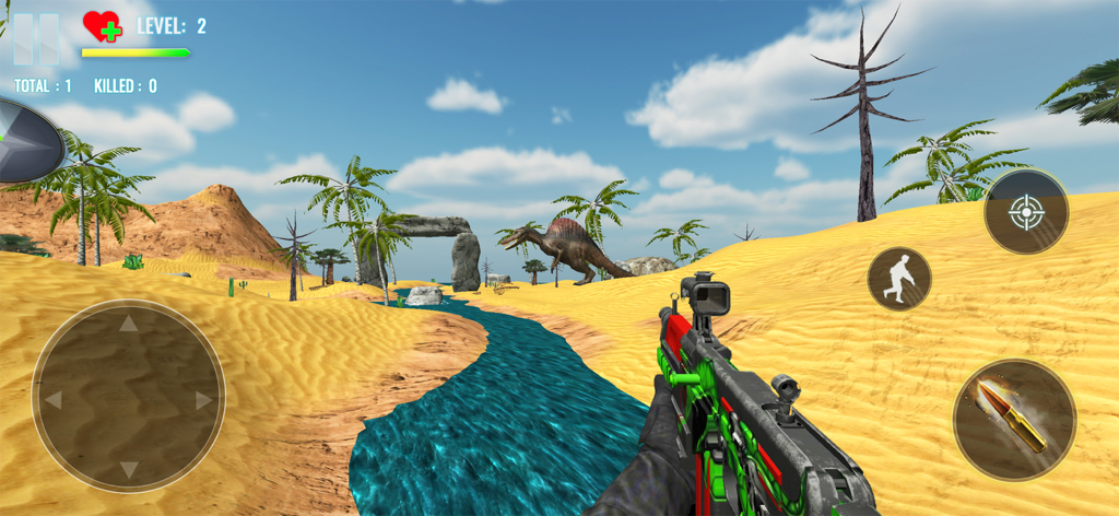 Dinosaur Hunting World Game - First person shooter perspective of hunting a dinosaur in a desert landscape