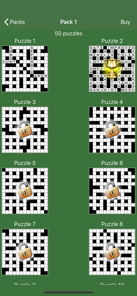 A menu screen showing a grid of cryptic crossword puzzles with completed and locked levels in a puzzle pack.