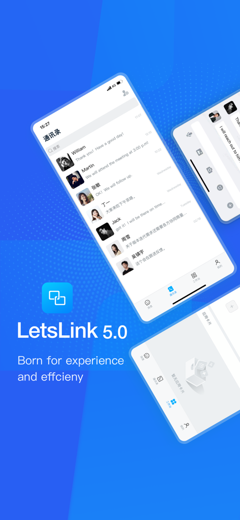 Interfaz de la aplicación móvil LetsLink mostrando lista de contactos y funciones de comunicación empresarial