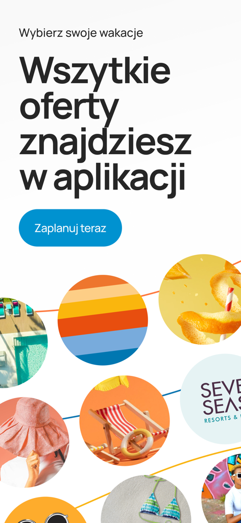 Promotional graphic for the Coral Travel Poland app featuring travel images and vacation planning text in Polish